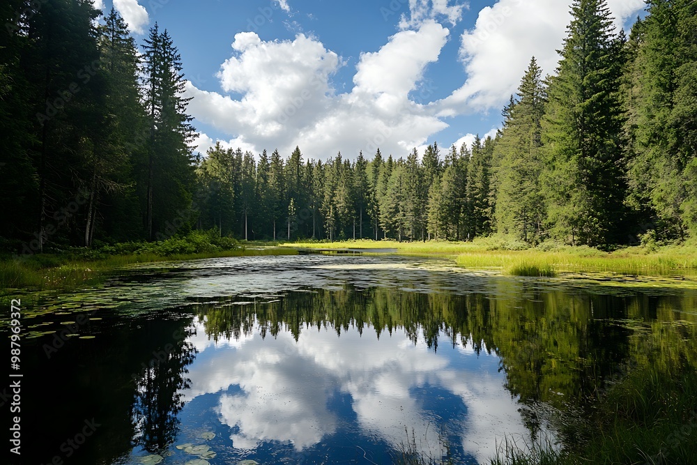 Fototapeta premium Peaceful forest lake with reflection of blue sky and clouds in still water