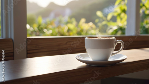 Hot Coffee Cup with Steam on Table in Cozy Cafe with Blurred Lights in Warm Atmosphere