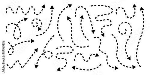 Set of black handdrawn arrows with dotted lines. Collection of curved dashed pointers in doodle style. Direction, orientation or cursor signs isolated on white background. Vector graphic illustration.