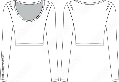 scoop neck u neck long sleeve shoulder slitted low cut cutout drop shoulder cropped crop blouse top sweater template technical drawing flat sketch cad mockup fashion woman design style model

