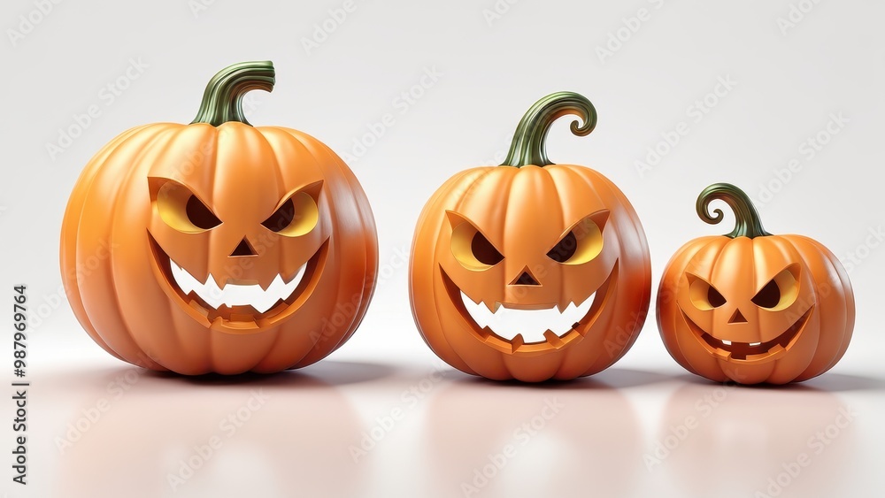 Three Halloween pumpkins with menacing faces arranged in a row. Three Halloween pumpkins with menacing faces arranged in a row.