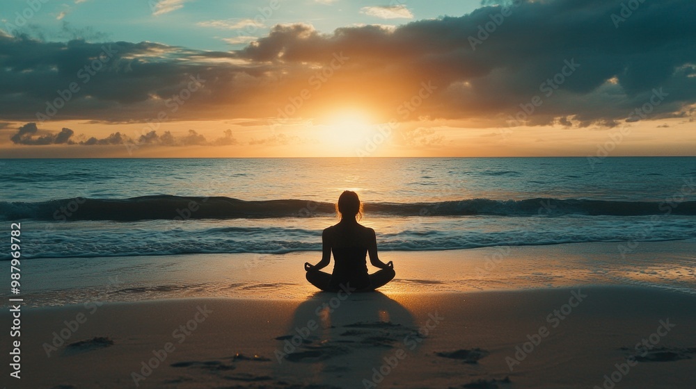 Serene Beach Meditation at Sunrise, individual practicing mindfulness on sandy shore, gentle waves creating a peaceful atmosphere, golden light illuminating the scene