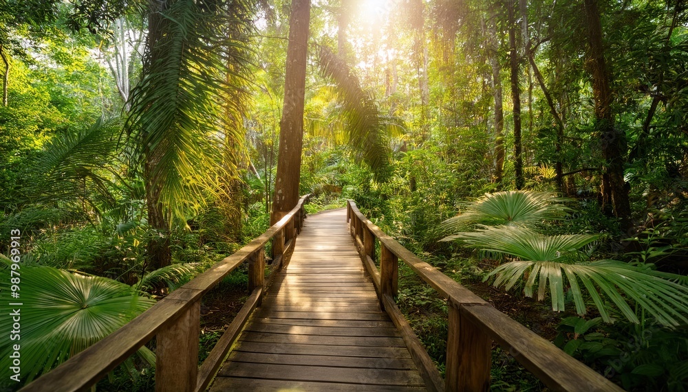 Obraz premium High quality photo. Wooden pathway through lush green tropical jungle with sunlight, serene
