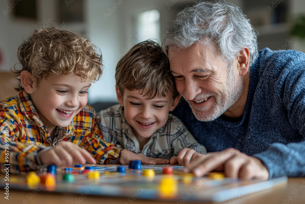 A happy family playing board games together, enjoying quality time and laughter. children are engaged and excited, while grandfather shares in their joy A happy family playing board games together, enjoying quality time and laughter. children are engaged and excited, while grandfather shares in their joy