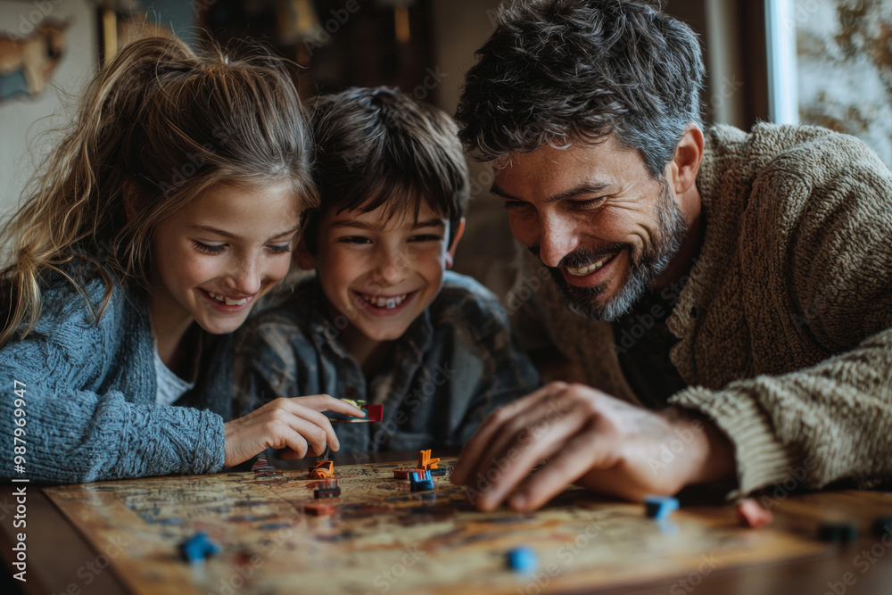 A happy family playing board games together, enjoying quality time and laughter. children are engaged and smiling, creating warm and joyful atmosphere A happy family playing board games together, enjoying quality time and laughter. children are engaged and smiling, creating warm and joyful atmosphere