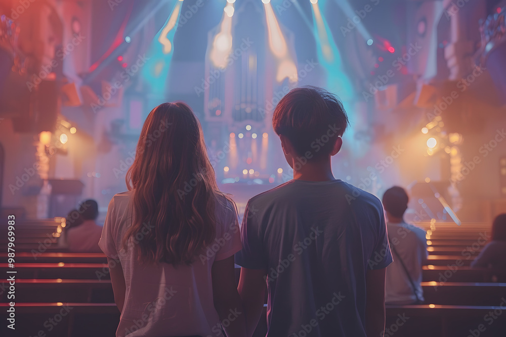 a cinematic shot of a girl and a boy sitting together in front of a stage with vibrant neon RGB lights, captured from the back.. a cinematic shot of a girl and a boy sitting together in front of a stage with vibrant neon RGB lights, captured from the back..