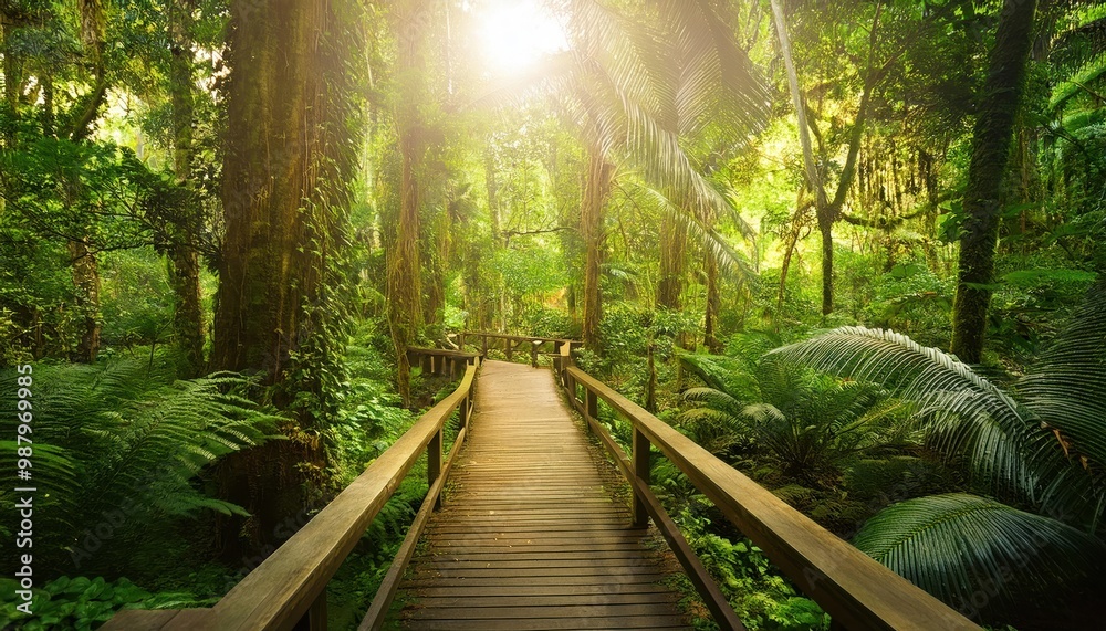 Obraz premium High quality photo. Wooden pathway through lush green tropical jungle with sunlight, serene 