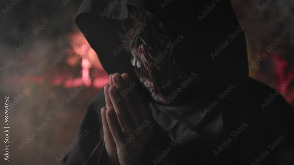 Monk With monster face Praying for Soul in the night forest for Halloween Monk With monster face Praying for Soul in the night forest for Halloween
