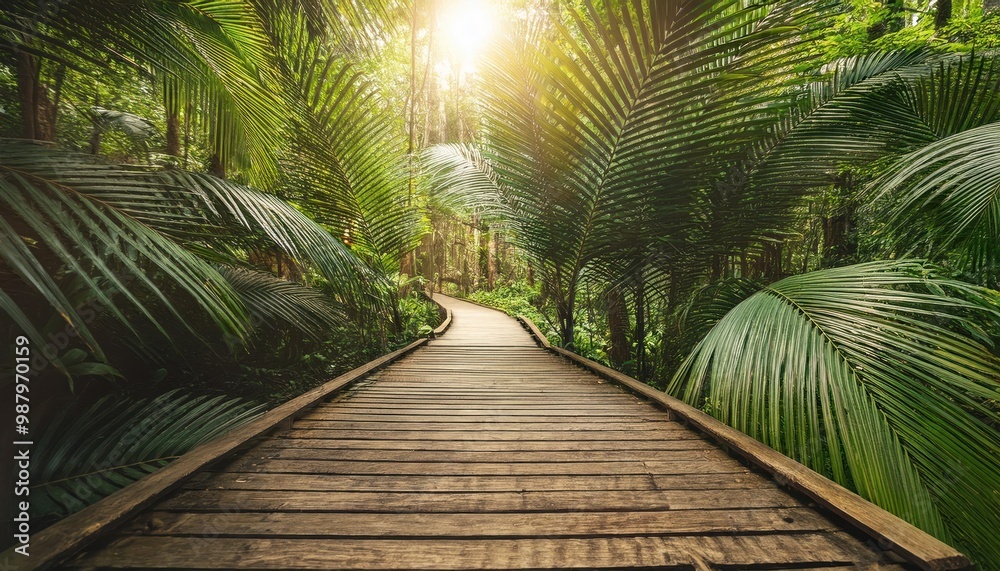 High quality photo. Wooden pathway through lush green tropical jungle with sunlight, serene High quality photo. Wooden pathway through lush green tropical jungle with sunlight, serene