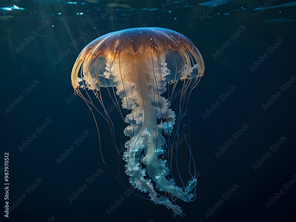 This is a dreamlike, soothing image. A serene underwater scene shows a translucent jellyfish floating peacefully in deep blue water. Soft sunlight filters through the surface, illuminating This is a dreamlike, soothing image. A serene underwater scene shows a translucent jellyfish floating peacefully in deep blue water. Soft sunlight filters through the surface, illuminating