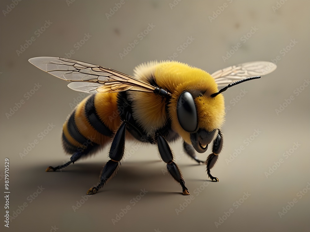 A highly detailed, vibrant, and whimsical 3D render of a bee in mid-air, set against a soft, creamy white background that subtly graduates to a warm, sunny yellow towards the top A highly detailed, vibrant, and whimsical 3D render of a bee in mid-air, set against a soft, creamy white background that subtly graduates to a warm, sunny yellow towards the top