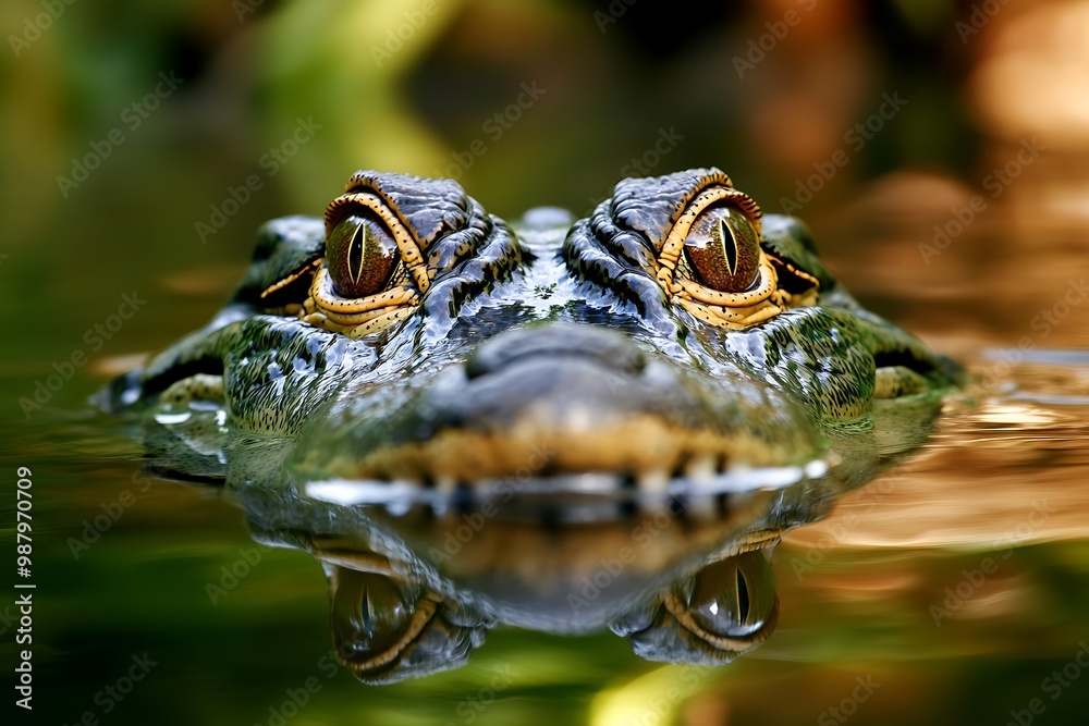 Close up of a crocodile's head and eyes peeking out of the water