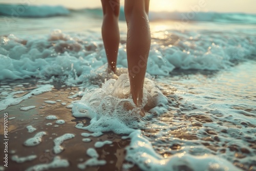 A woman's feet are in the ocean water, with the waves splashing around her