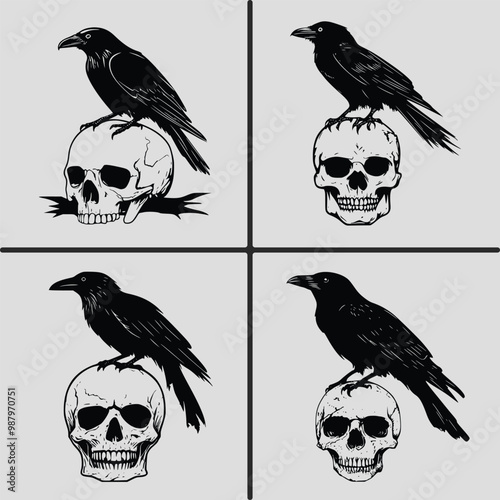 Raven Siting On Skull SVG Bundle, Raven Siting On Skull Silhouette Vector, Raven Svg, Skull Head Svg, Raven And Skull Svg, Crow And Skull Circut, Raven Vector, Celtic Raven Svg, Halloween Raven Svg
