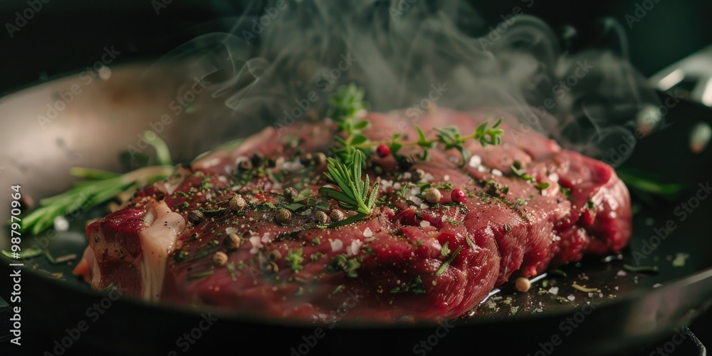 Ribeye steak seared in a skillet with aromatic herbs and spices.