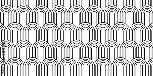 Repeating arch shapes pattern. Boho or art deco style print. Modern geometric background with arc forms. Elegant retro decoration. Trendy abstract wallpaper. Vector graphic illustration.