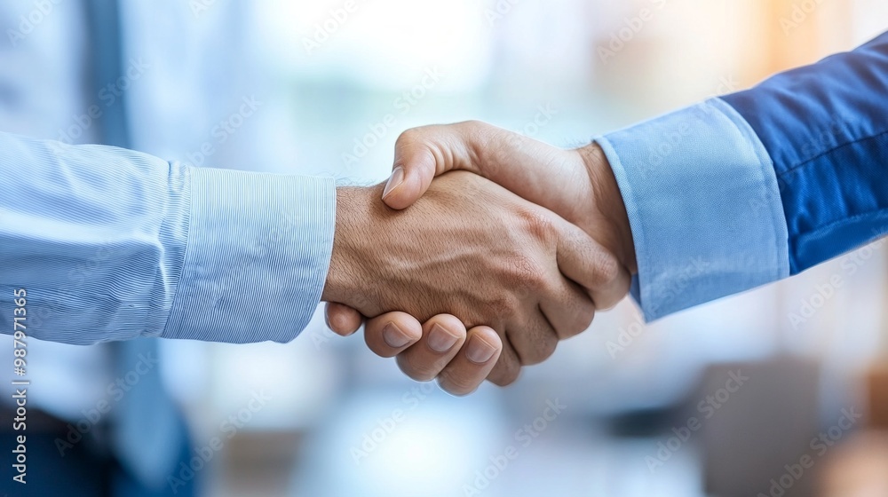 Successful negotiation, two professionals shaking hands, expressions of satisfaction and camaraderie, business attire, office setting, teamwork and collaboration emphasized Successful negotiation, two professionals shaking hands, expressions of satisfaction and camaraderie, business attire, office setting, teamwork and collaboration emphasized