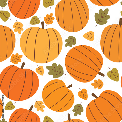 Pumpkin seamless pattern.Thanksgiving background. Autumn pattern with pumpkins and fall leaves. Vector illustration. It can be used for wallpapers, wrapping, cards, patterns for clothes and other. 