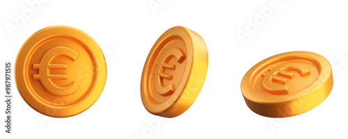 3D realistic gold euro coins set. European currency. Rendering illustration of coins in perspective