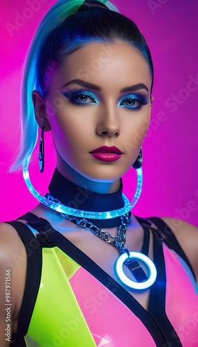 futuristis plastic cyberpunk female beautiful clothing neon background colored colorful necklace model  girl woman neon holographic shiny colours beauty hair fashion face blond model make-up make-up photo