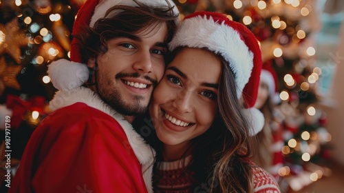 A happy sweet couple in santa claus costume selfie with smartphone together at Christmas celebration party.