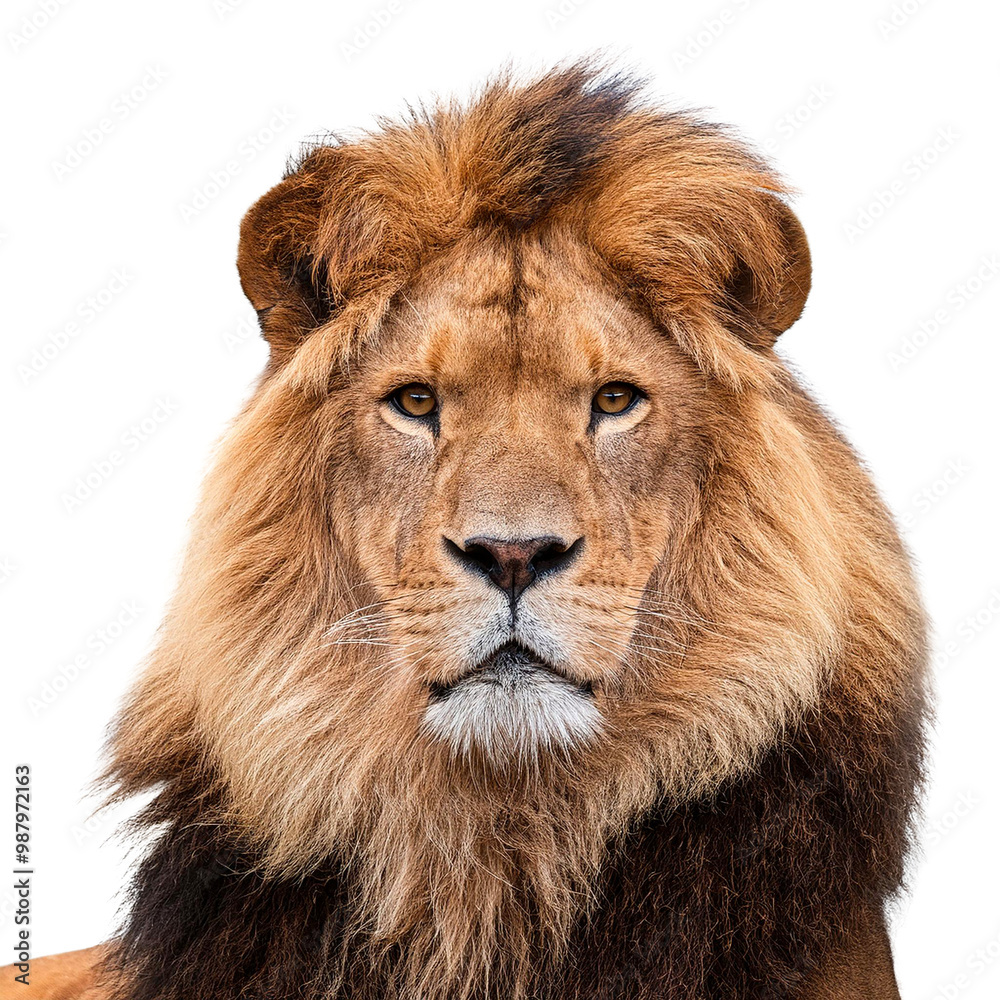 Lion face shot isolated on white background, Transparent cutout