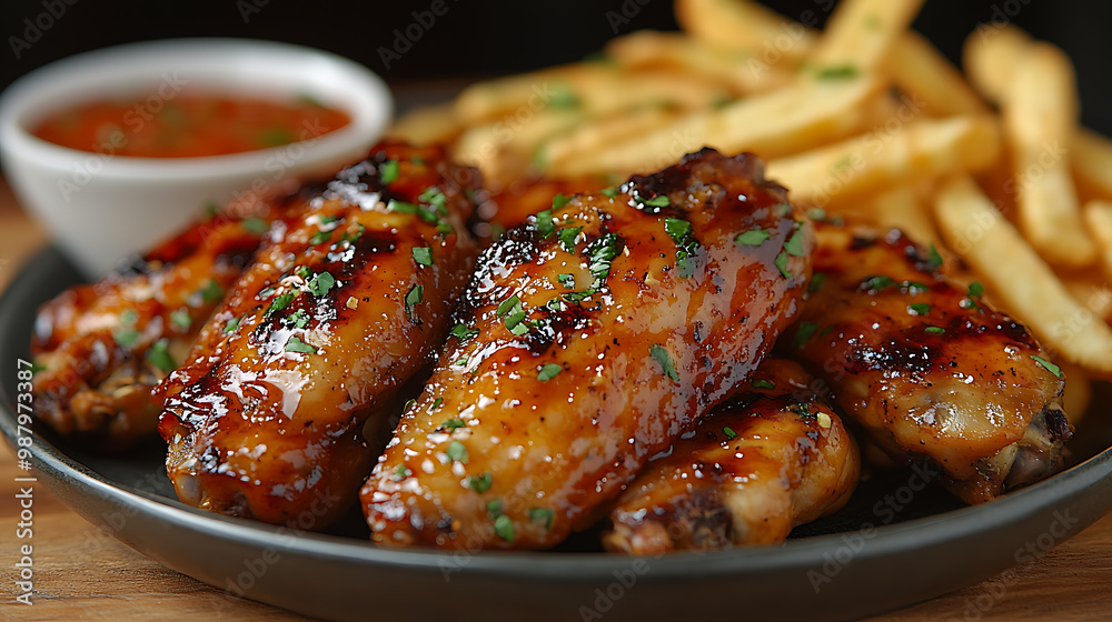 Grilled chicken wings tossed in a honey and garlic glaze, served with crispy fries
