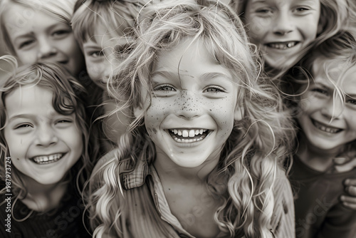 vintage art style depiction of kids smiling, capturing a nostalgic and joyful moment.. photo