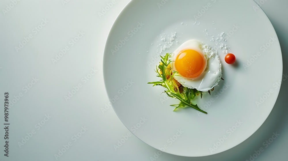 A single poached egg delicately placed on a fresh green salad showcasing simplicity and elegance in food presentation with vibrant colors and organic ingredients highlighting healthy eating choices A single poached egg delicately placed on a fresh green salad showcasing simplicity and elegance in food presentation with vibrant colors and organic ingredients highlighting healthy eating choices