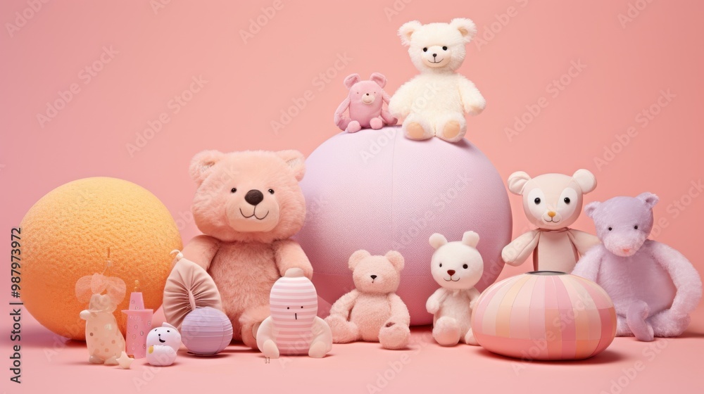 A delightful spread of pastel-colored plush toys exhibited against a soft pink backdrop, creating a warm and inviting scene. A delightful spread of pastel-colored plush toys exhibited against a soft pink backdrop, creating a warm and inviting scene.