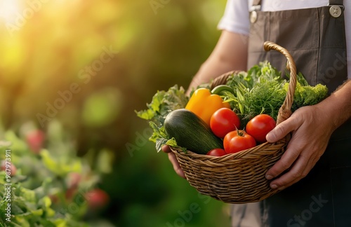 Man holding a basket of fresh, colorful vegetables in a garden with sunlight in the background.