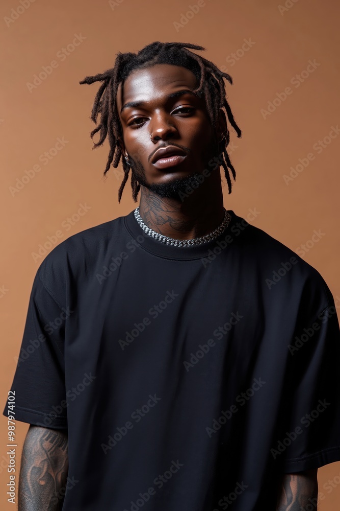 Young Black man with dreadlocks wearing a black shirt poses against a brown backdrop. Young Black man with dreadlocks wearing a black shirt poses against a brown backdrop.