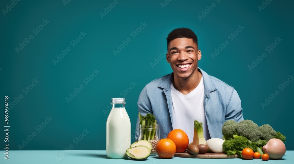 A refreshing glass of milk is surrounded by a vibrant assortment of fresh vegetables, and a smiling individual, against a teal background. A refreshing glass of milk is surrounded by a vibrant assortment of fresh vegetables, and a smiling individual, against a teal background.
