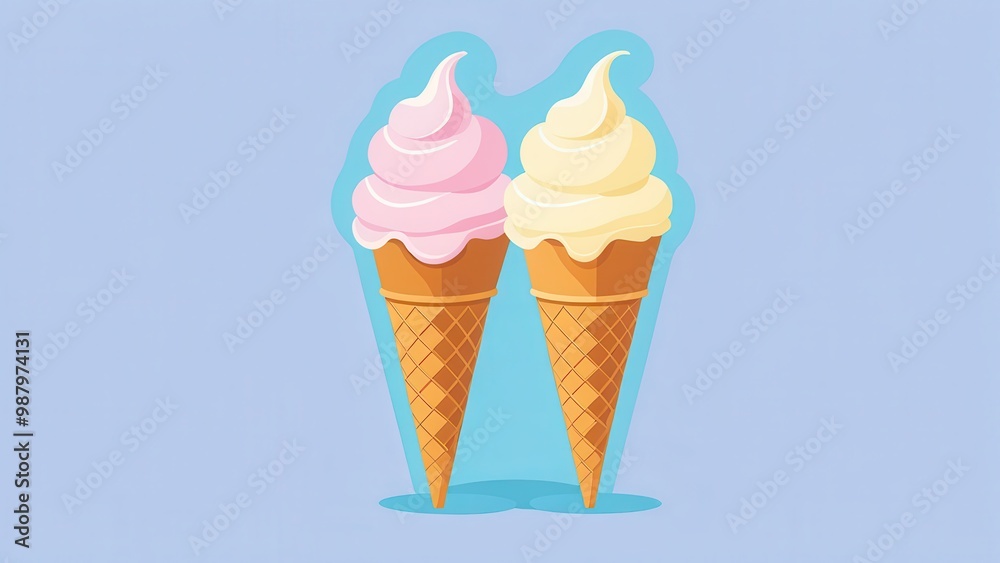 Two ice cream cones, one pink and one white, against a light blue background. Two ice cream cones, one pink and one white, against a light blue background.