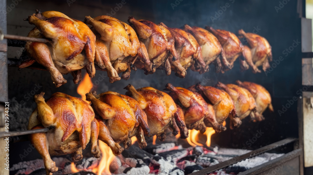 A row of roasted chickens on a grill. The fire is hot and the smoke is rising. The chickens are cooked and ready to be eaten A row of roasted chickens on a grill. The fire is hot and the smoke is rising. The chickens are cooked and ready to be eaten