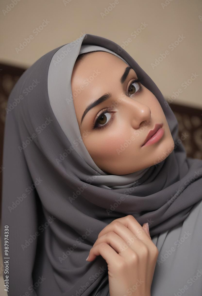 A middle eastern woman with dark hair wearing a gray hijab, looking thoughtfully off to the side