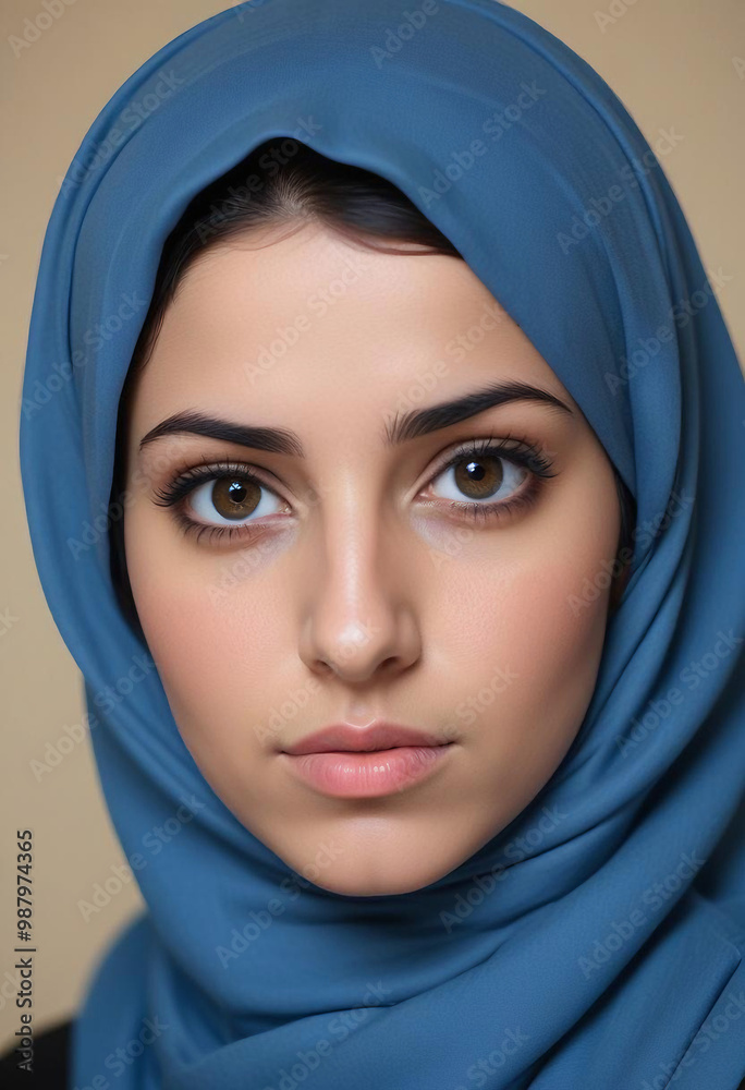 A young middle eastern woman with dark hair wearing a blue hijab, looking directly at the camera with a serious expression