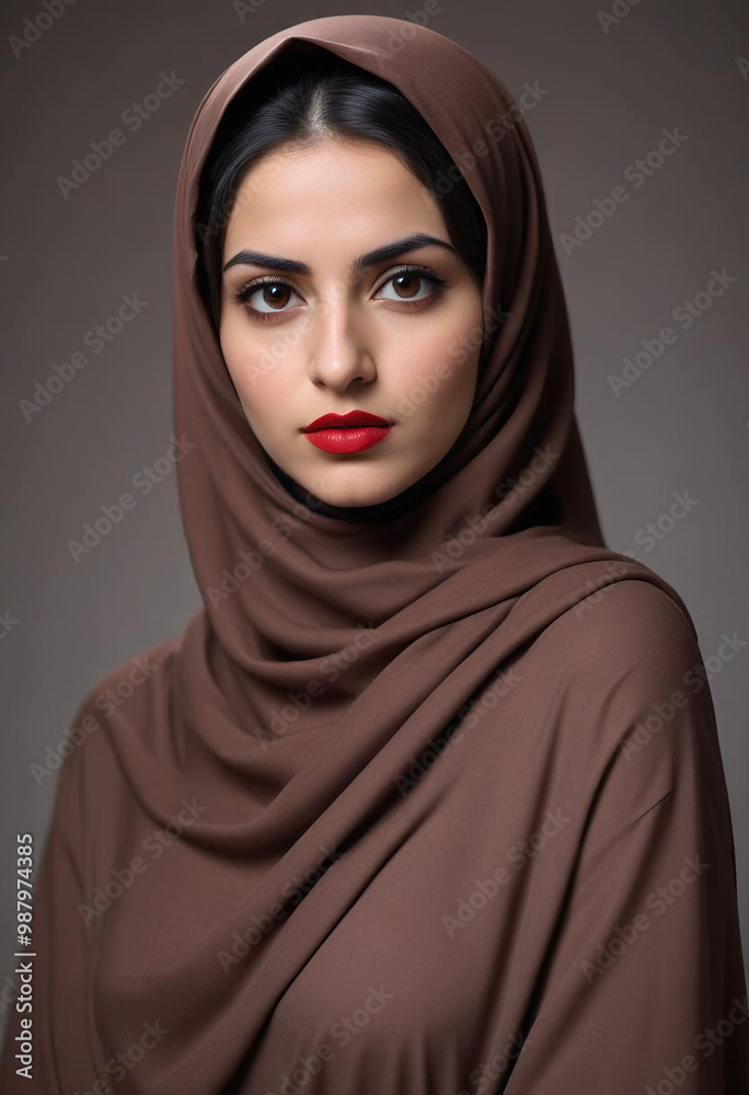 Confident and Serious Expression: A young Middle Eastern woman with dark hair, elegantly draped in a brown hijab, looks directly at the camera with a focused and serious expression.