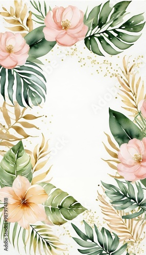 blush gold flowers greetings wallpapers frame set fashion leaves templates border tropical green floral watercolor bouquet background stationary dding art background banana reddening border bouquet photo