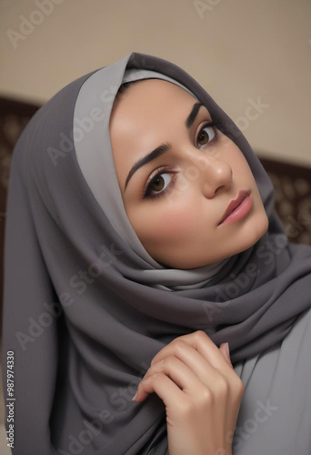 Obraz na płótnie A middle eastern woman with dark hair wearing a gray hijab, looking thoughtfully off to the side w salonie