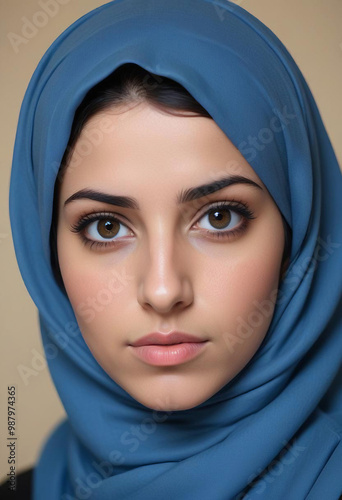 Obraz na płótnie A young middle eastern woman with dark hair wearing a blue hijab, looking directly at the camera with a serious expression w salonie