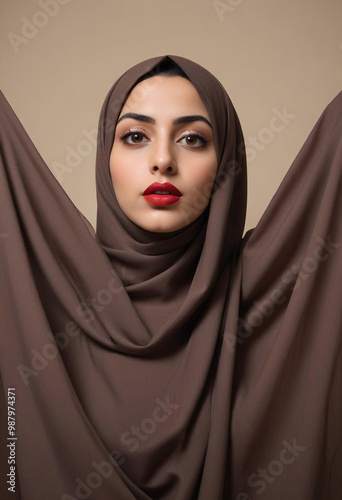 Obraz na płótnie A young Middle Eastern woman wearing a brown hijab, looking directly at the camera with a serious expression and red lipstick w salonie