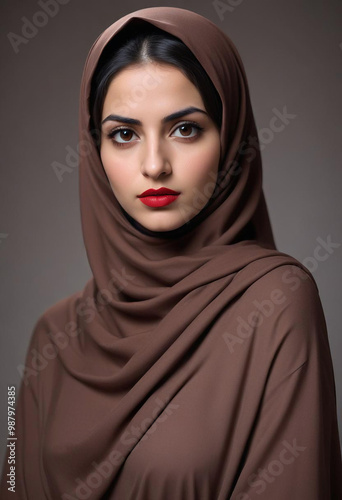 Obraz na płótnie Confident and Serious Expression: A young Middle Eastern woman with dark hair, elegantly draped in a brown hijab, looks directly at the camera with a focused and serious expression. w salonie