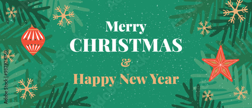 Merry Christmas and Happy New Year greeting card, web banner. Modern beautiful winter design with fir tree branches, balls and snowflakes.