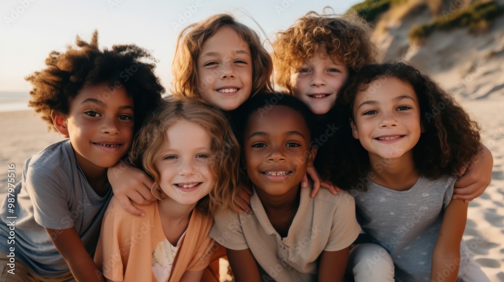 A group of cheerful, multiethnic kids smile warmly at the camera, their faces glowing with joy as they enjoy a sunny day at the beach. A group of cheerful, multiethnic kids smile warmly at the camera, their faces glowing with joy as they enjoy a sunny day at the beach.