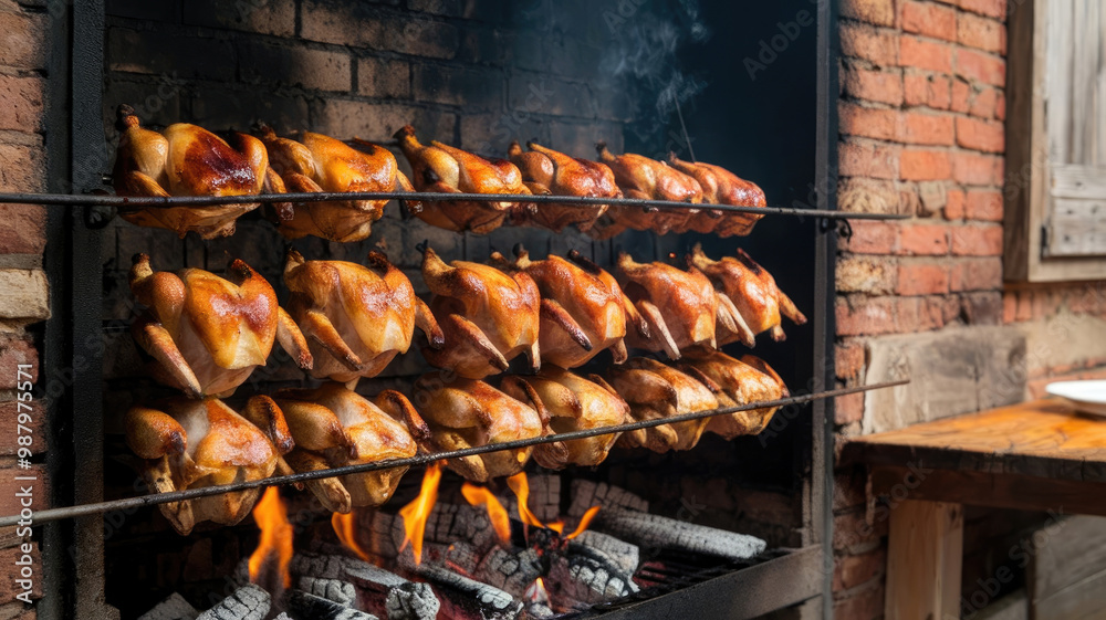A row of roasted chickens on a grill. The fire is hot and the smoke is rising. The chickens are cooked and ready to be eaten A row of roasted chickens on a grill. The fire is hot and the smoke is rising. The chickens are cooked and ready to be eaten