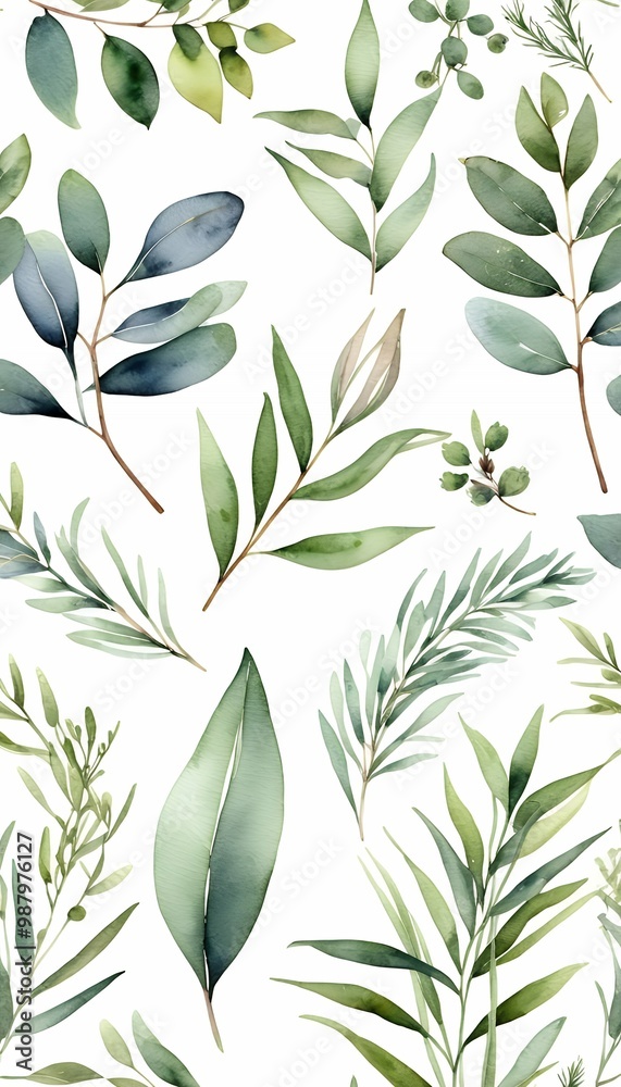 set set floral leaves eucalyptus spring branches background grass background illustration painted white rbs botanical hand fabric print watercolor olated design watercolor spring plant set eucalyptus