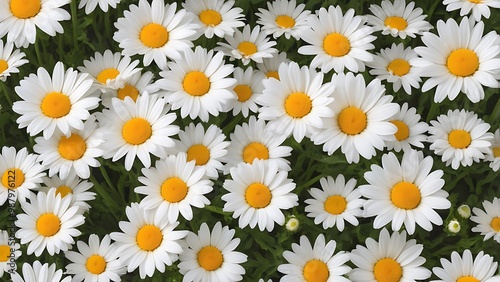 High angle vector illustration of a dense cluster of white daisies with bright yellow centers, white flowers background