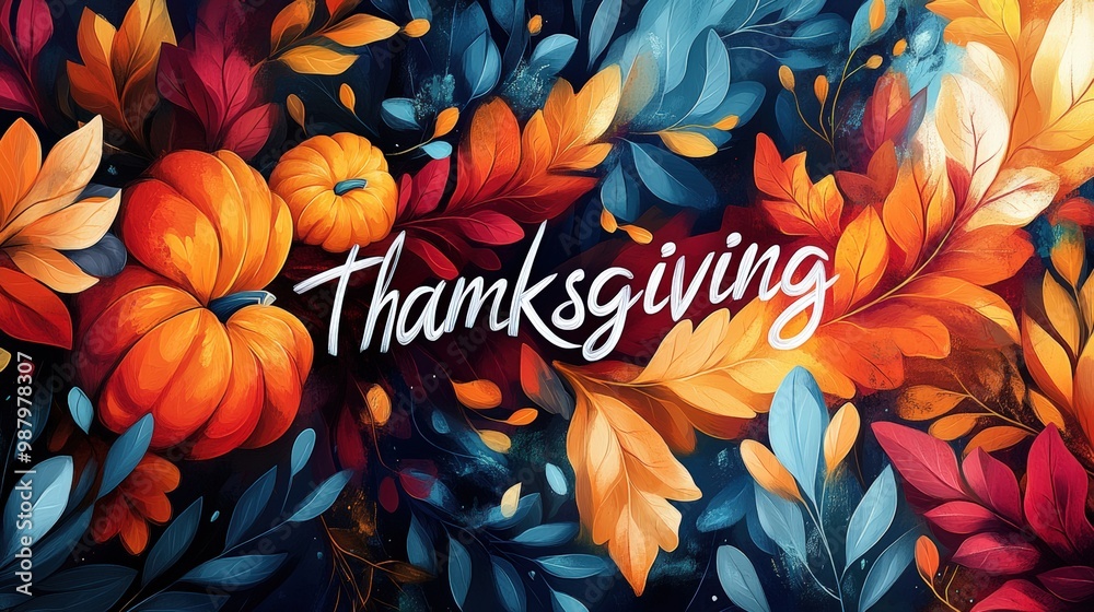 Illustration of swirling autumn leaves, pumpkins, and warm shades of orange, red, and yellow, with the word Illustration of swirling autumn leaves, pumpkins, and warm shades of orange, red, and yellow, with the word