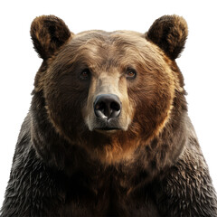 Brown bear looking ahead with intense stare against a white background